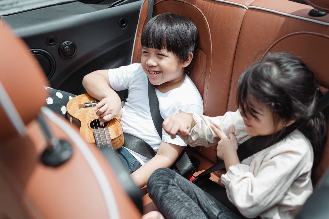 children in the passenger seat of a vehicle